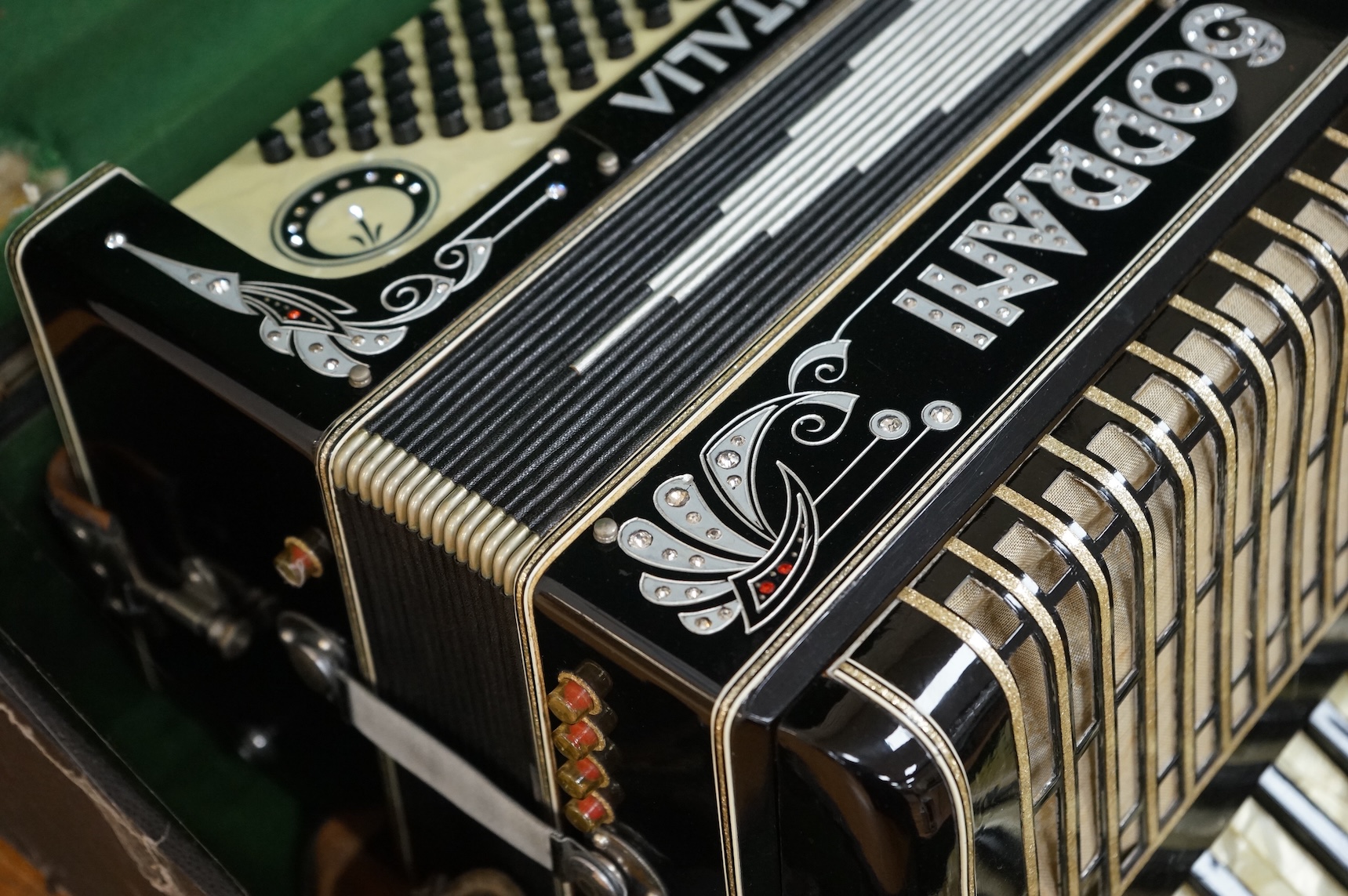 A cased Paolo Soprani Castelfidardo Italia piano accordion.